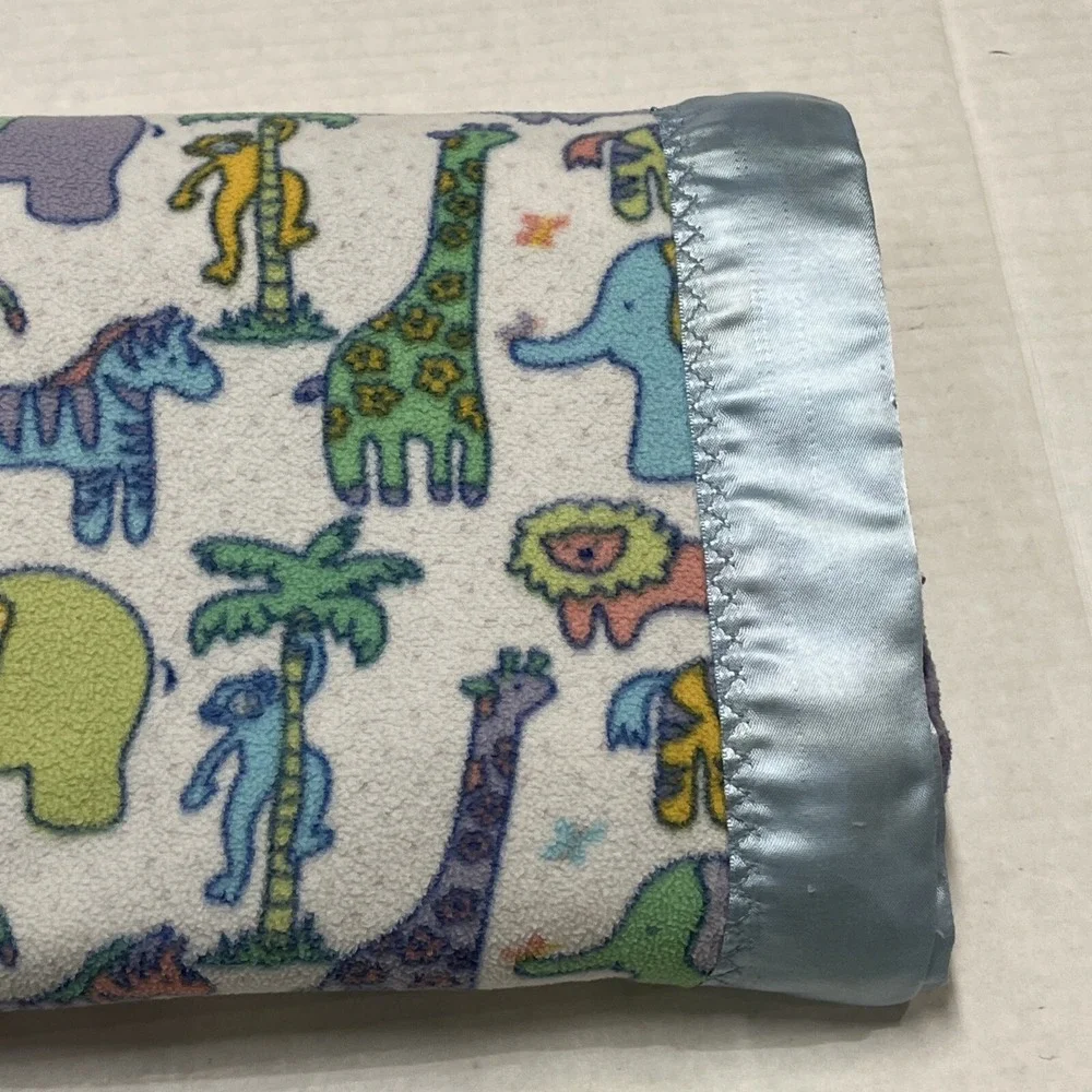 Vintage Blanket‎ Baby Boy Blue Animal Print Satin Trim Zoo Monkey Elephant Lion